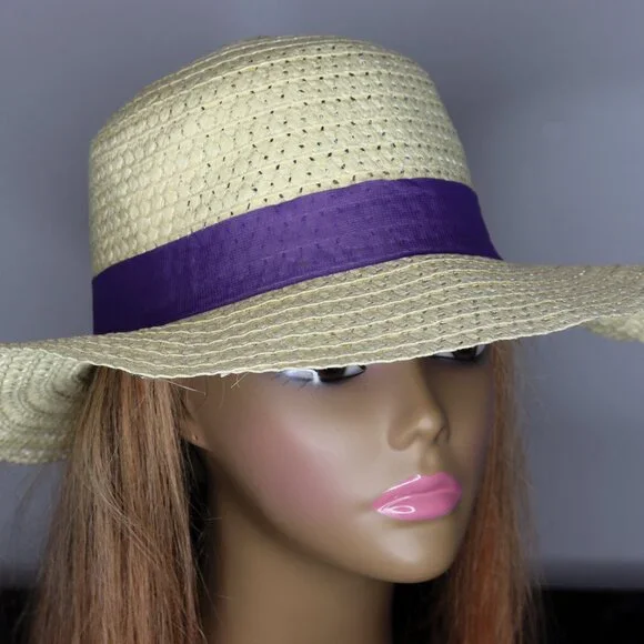 Women's Straw Sun Hat with Ribbon Band - Purple - Picture 2 of 2